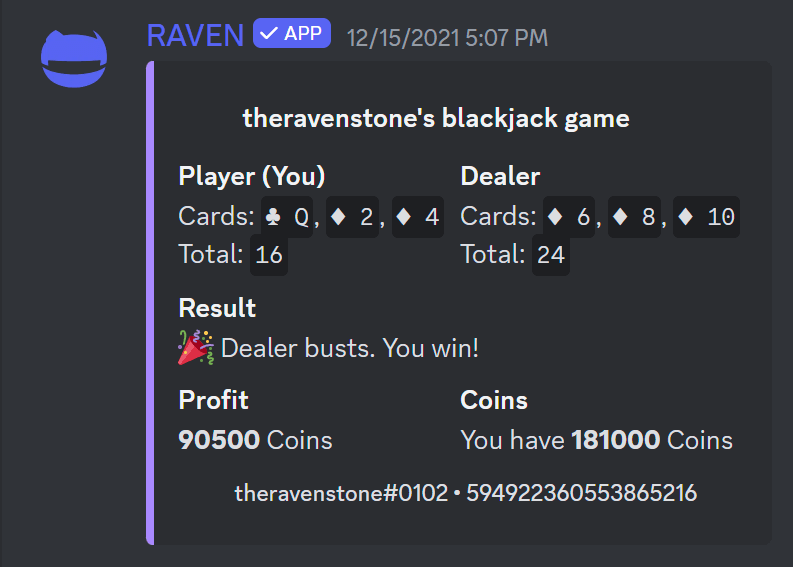 Blackjack Befehl vom RAVEN Discord Bot